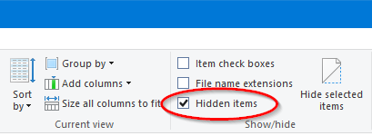 Screenshot of windows file explorer option setting tab 'view' option selected 'hidden items'